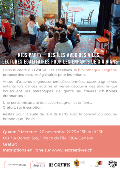 KIDS PARTY aux Créatives  – Des îles avec des ailes: lectures égalitaires – COMPLET @ Bongo Joe